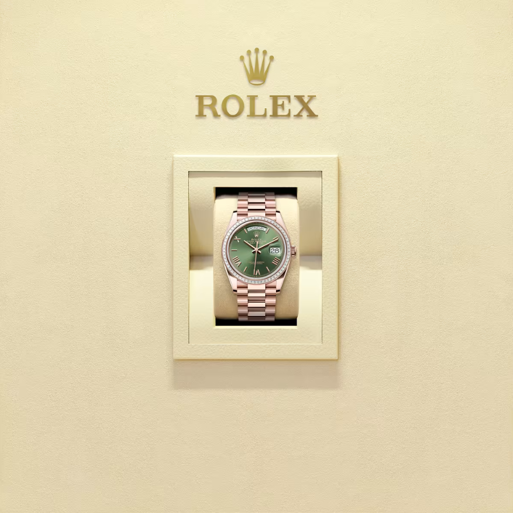 Rolex Day-Date 36 Everose Gold & Diamond Bezel Green Dial 128395TBR – Luxury President Watch - Image 2